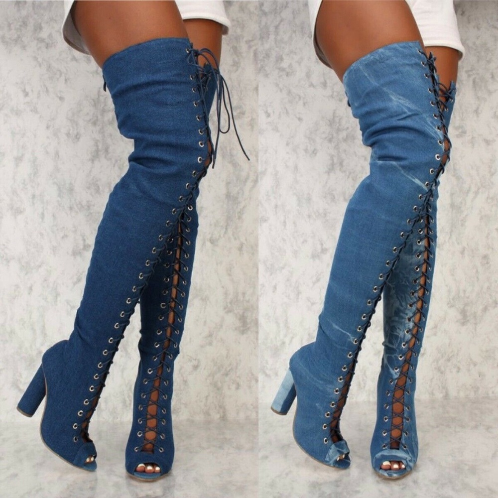 Denim Front Lace Up Thigh High Stiletto Boots